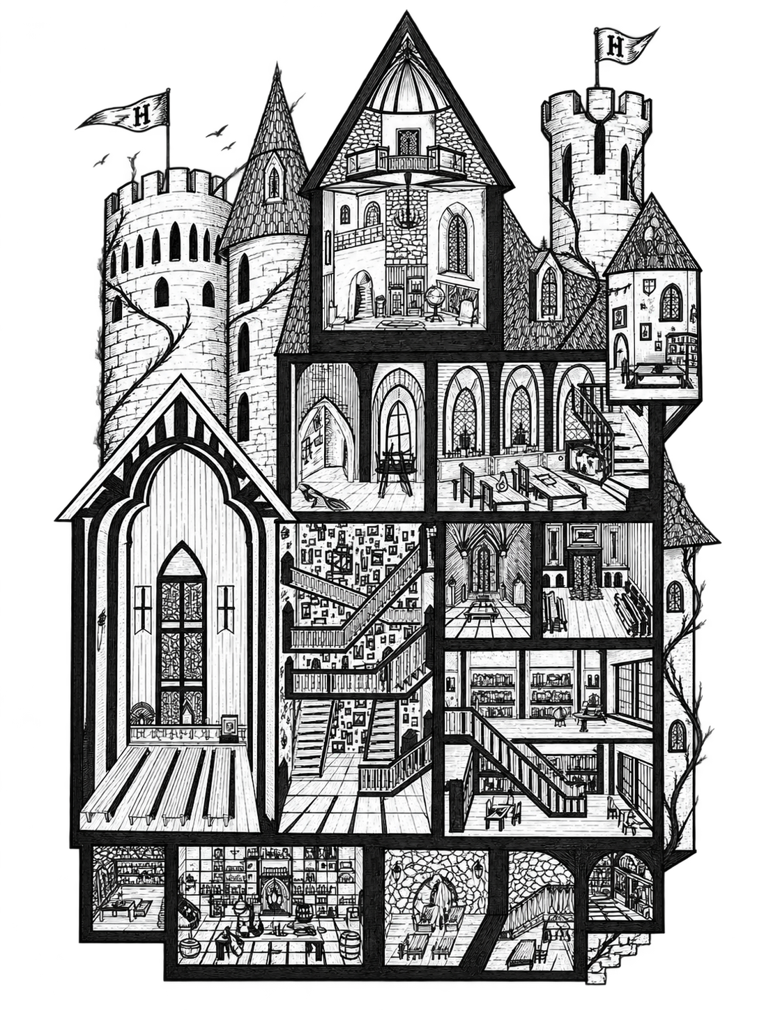 Detailreiche Schwarz-Weiß-Zeichnung von Hogwarts