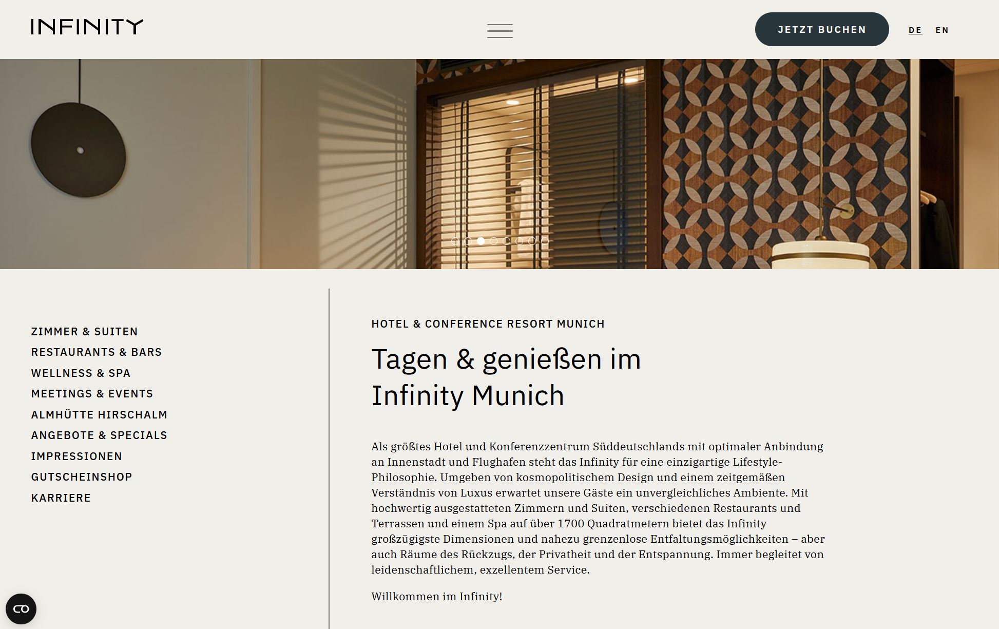 Desktop-Startseite der Website Infinity Munich