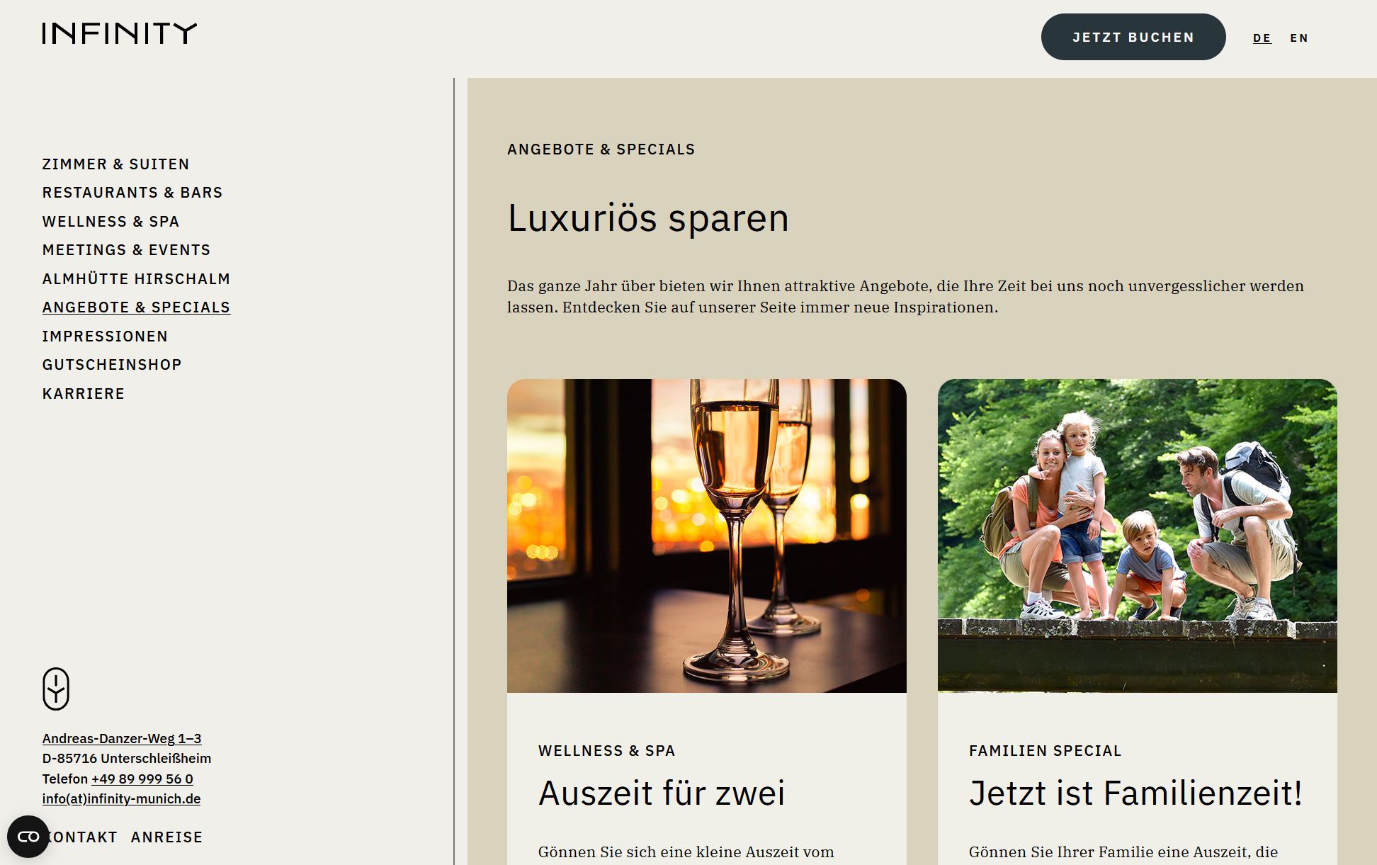 Desktop-Inhaltsseite der Website Infinity Munich